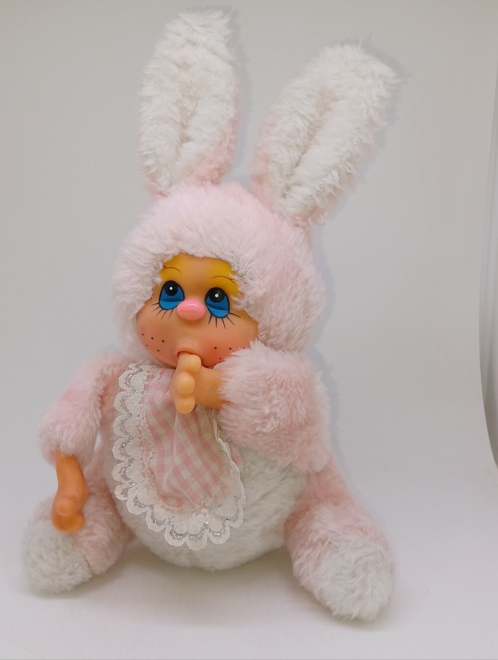 Vintage Atlanta Novelty Gerber Thumb Sucker Bunny rubber face plush pink 1980's
